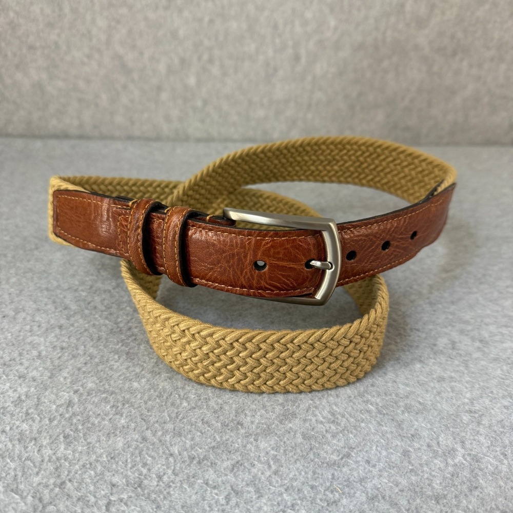 Torino Brown Tan Woven Rayon Elastic Leather Trim Belt Nickel Buckle Men Size 40